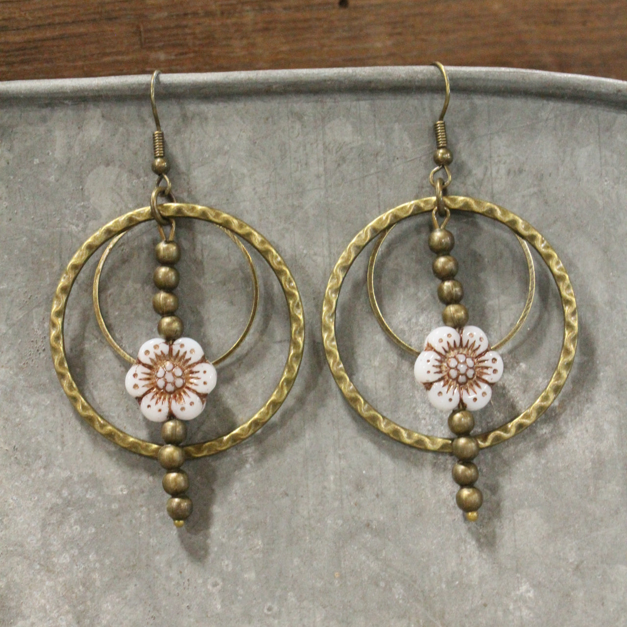 Picasso Wildflower Glass Bead White & Bronze Earrings