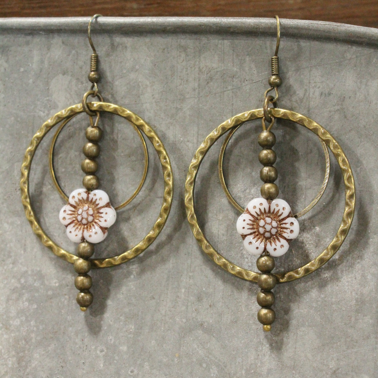 Picasso Wildflower Glass Bead White & Bronze Earrings