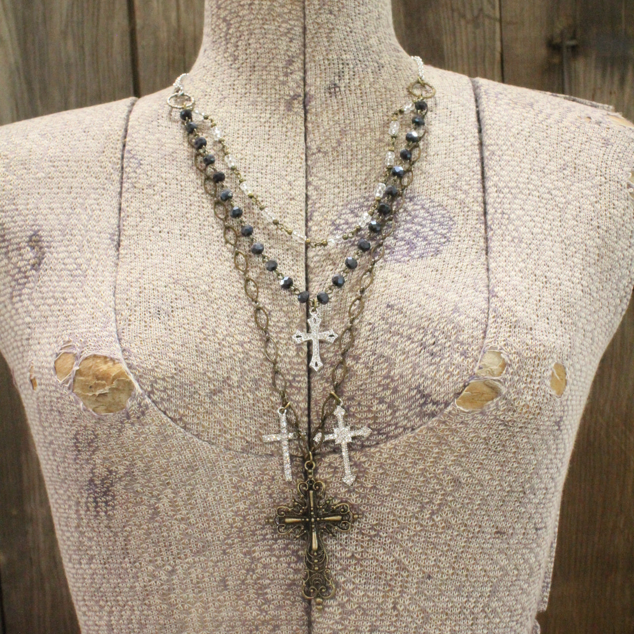 Layered Rosary Chains & Mixed Metal Cross Charmers Necklace