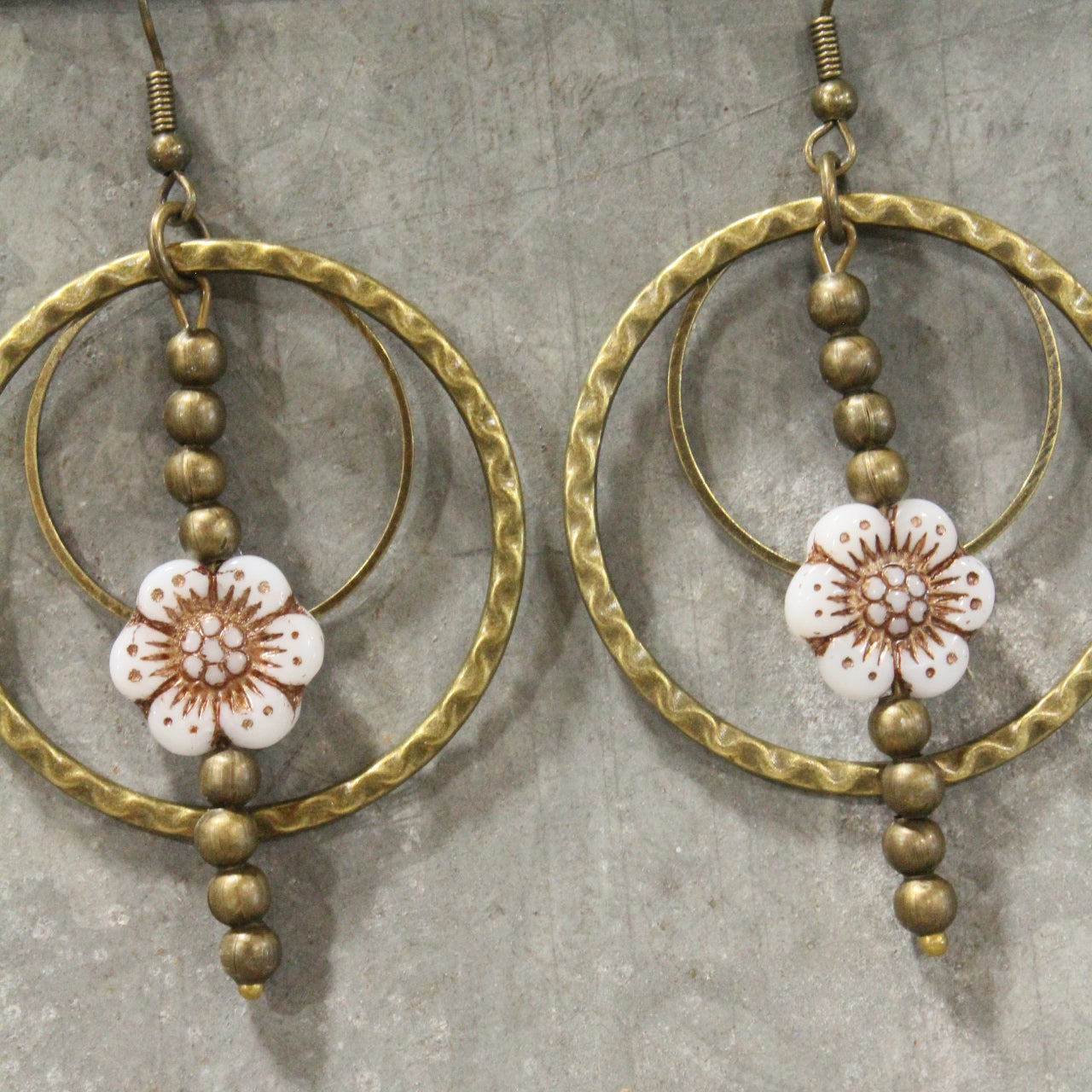 Picasso Wildflower Glass Bead White & Bronze Earrings