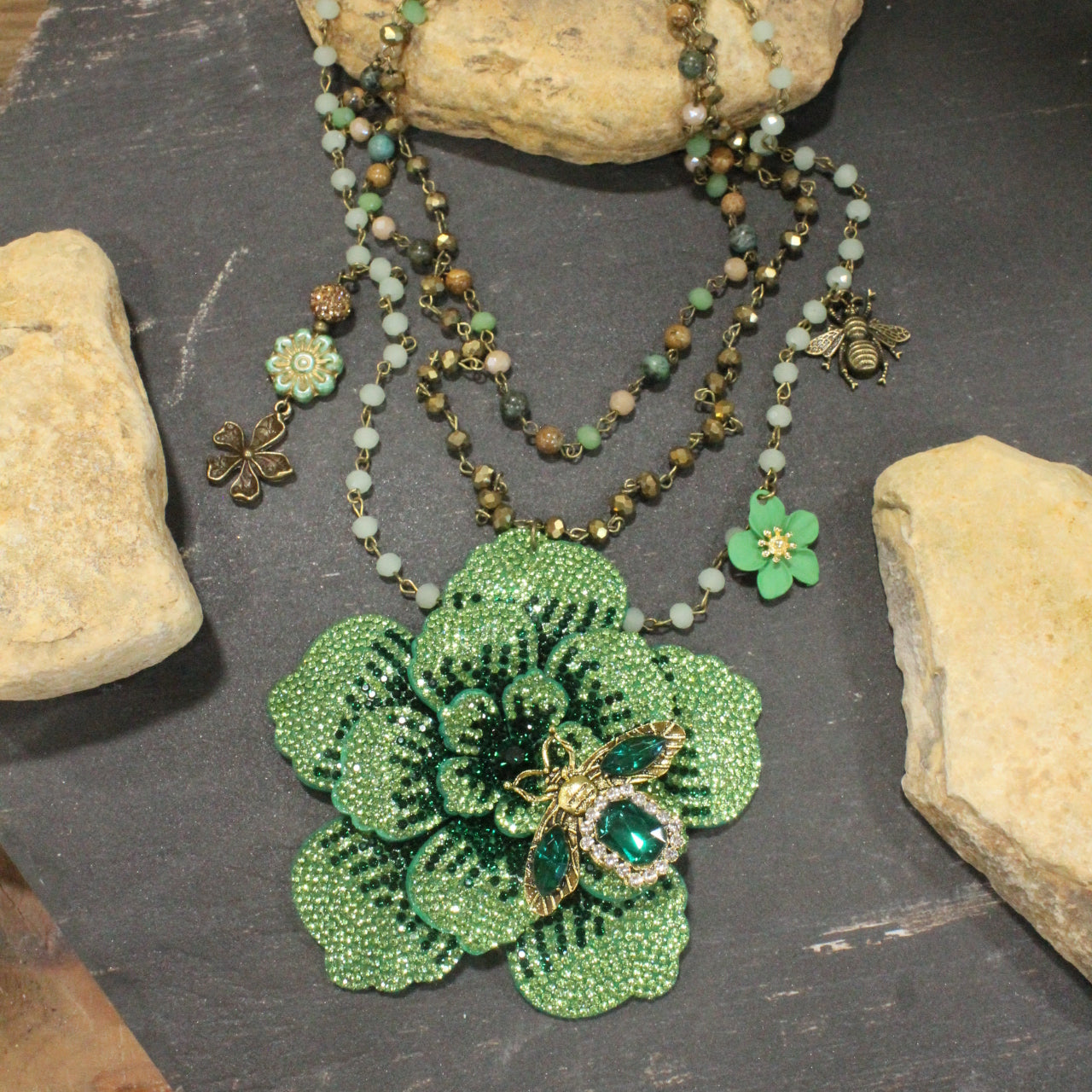 Power In The Flower Green Bee Layered Necklace