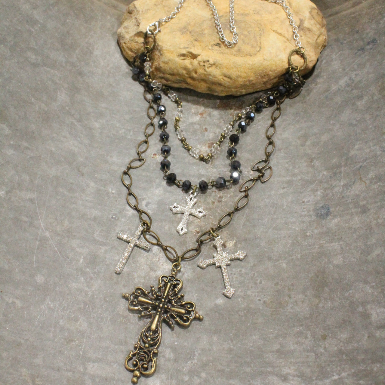 Layered Rosary Chains & Mixed Metal Cross Charmers Necklace