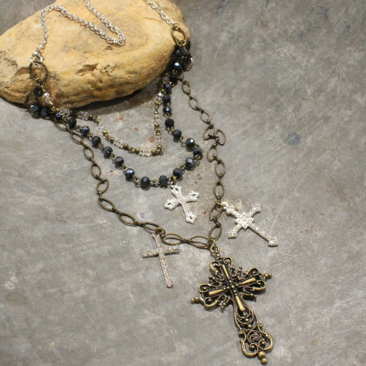 Layered Rosary Chains & Mixed Metal Cross Charmers Necklace