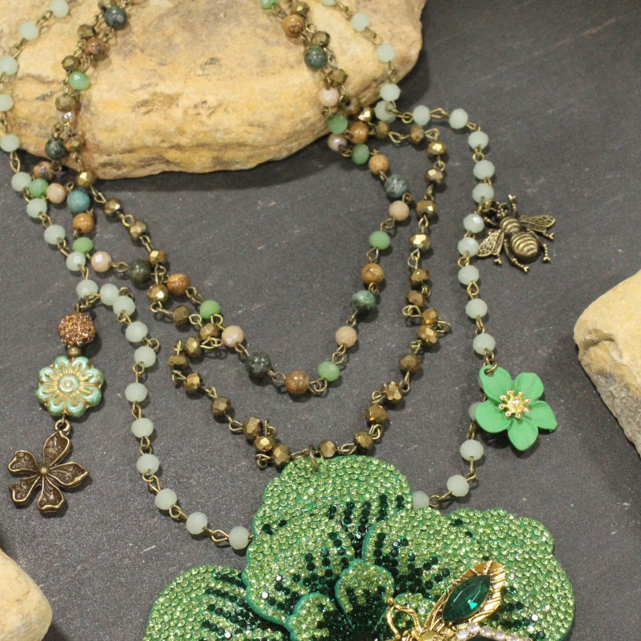Power In The Flower Green Bee Layered Necklace