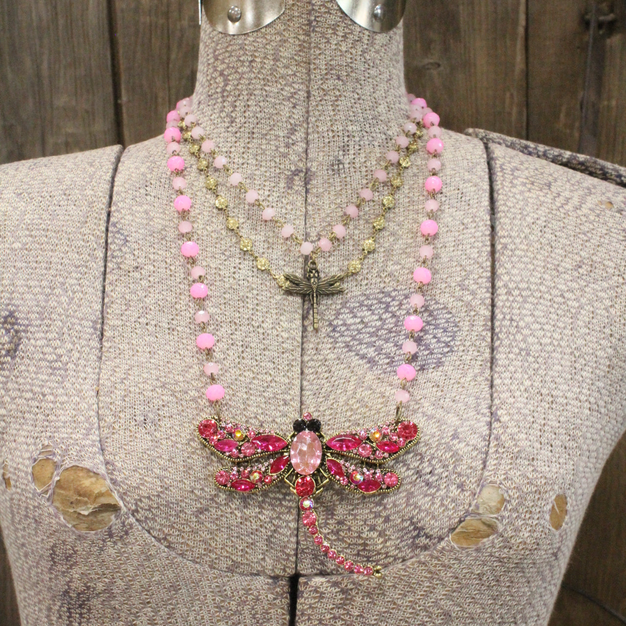 Gliding Strawberry Dragonfly Layered Necklace