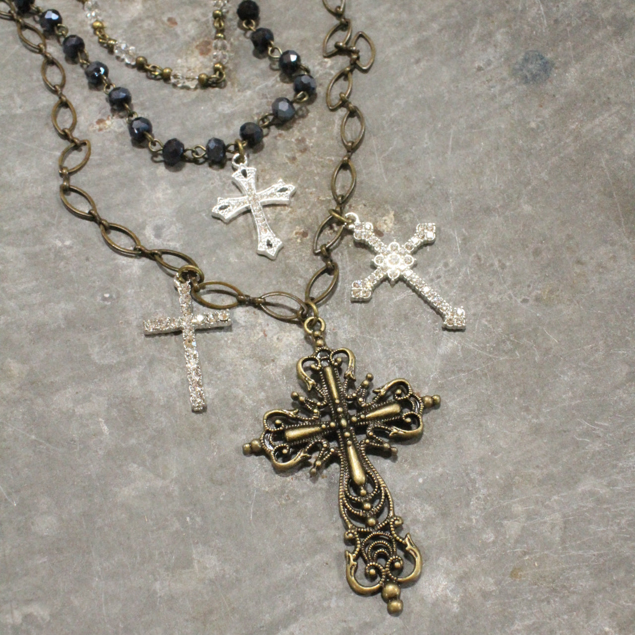 Layered Rosary Chains & Mixed Metal Cross Charmers Necklace