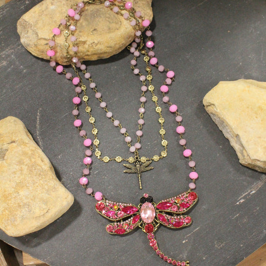 Gliding Strawberry Dragonfly Layered Necklace