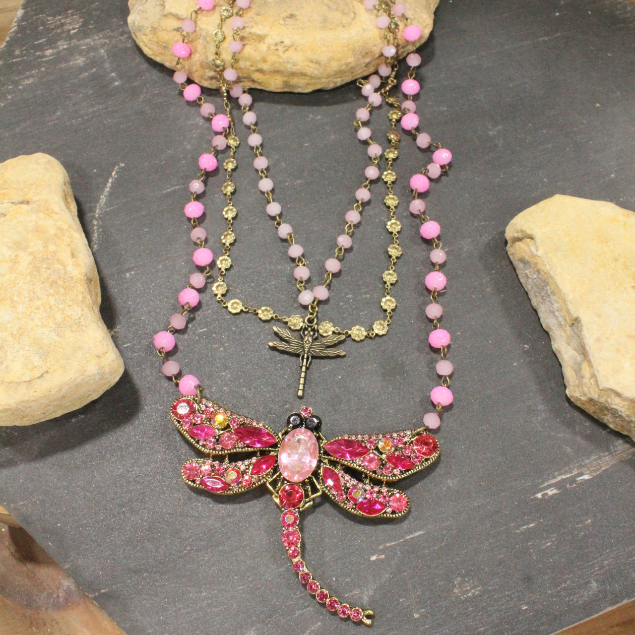 Gliding Strawberry Dragonfly Layered Necklace