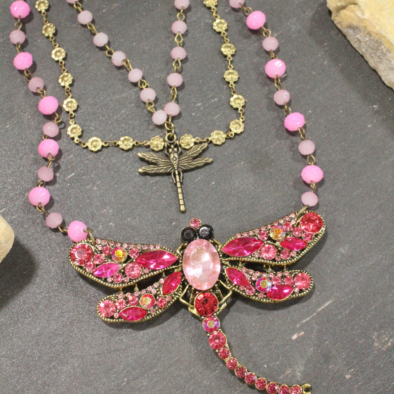 Gliding Strawberry Dragonfly Layered Necklace