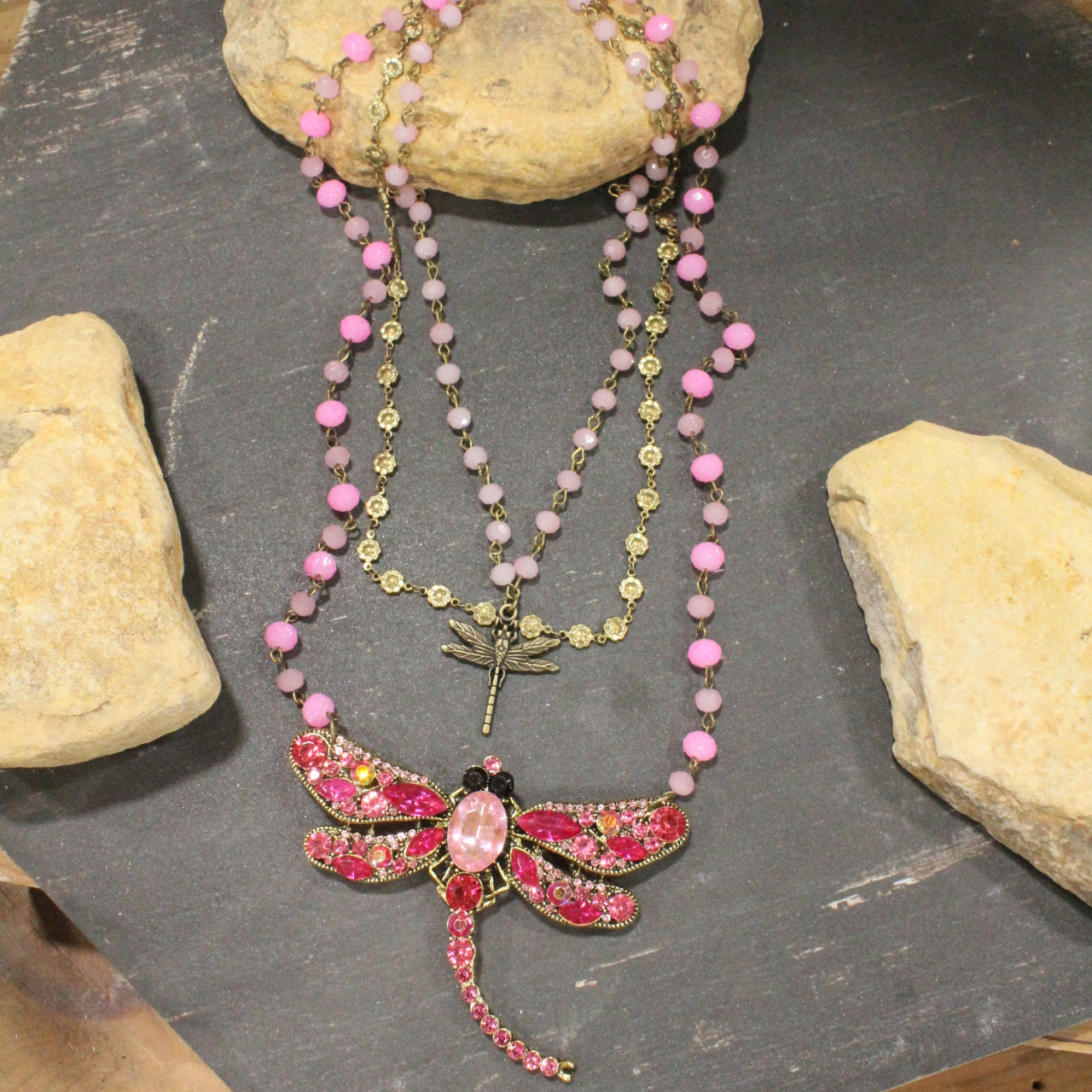 Gliding Strawberry Dragonfly Layered Necklace