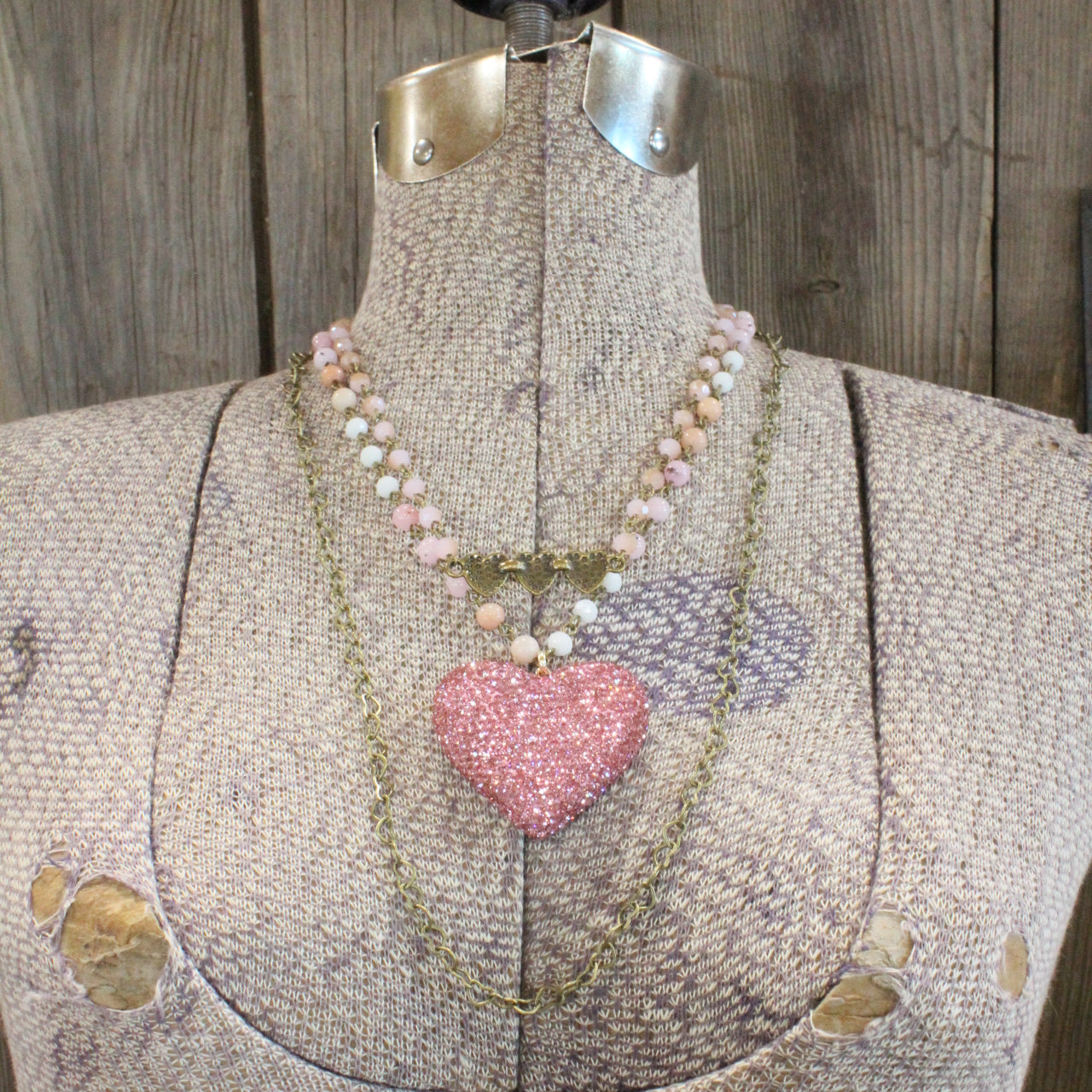 Triple Layered Sparkling Pink Heart Necklace