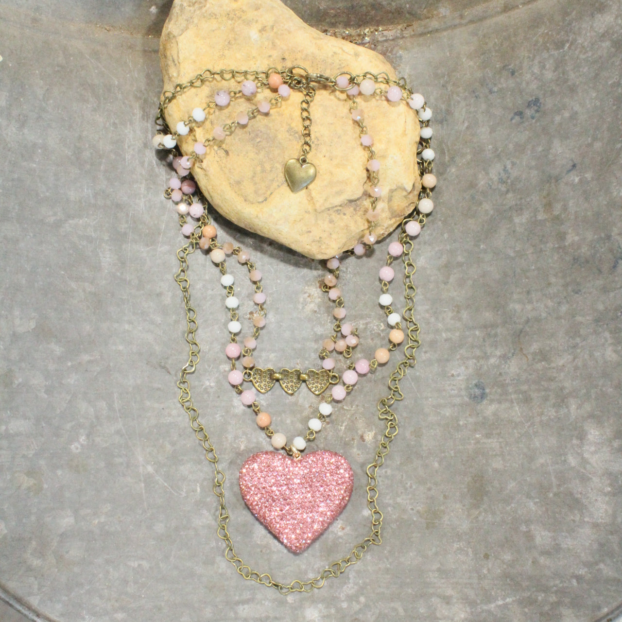 Triple Layered Sparkling Pink Heart Necklace