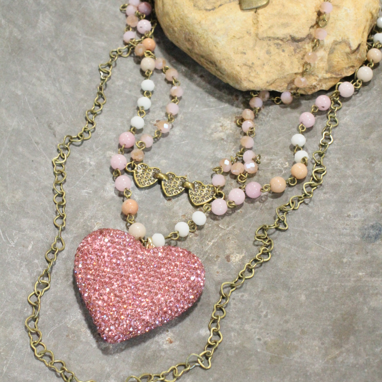 Triple Layered Sparkling Pink Heart Necklace