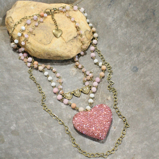 Triple Layered Sparkling Pink Heart Necklace