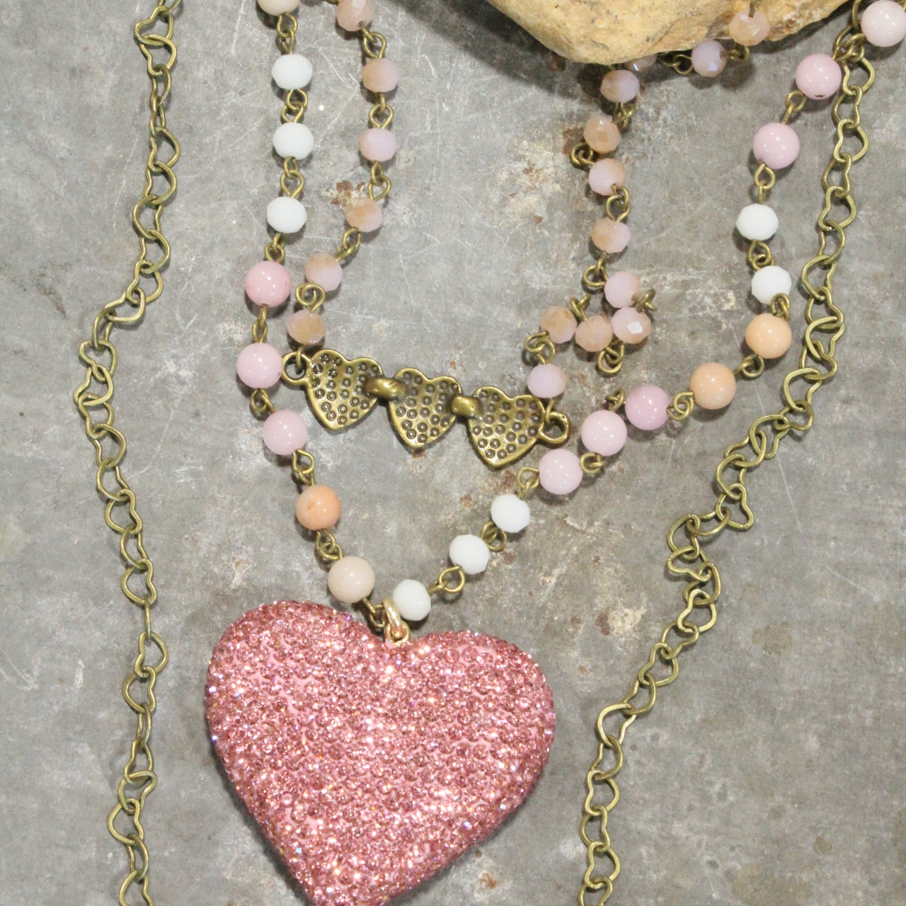 Triple Layered Sparkling Pink Heart Necklace