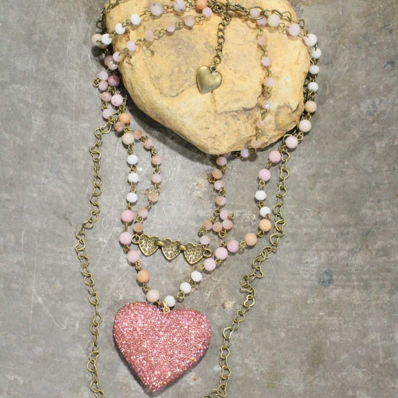 Triple Layered Sparkling Pink Heart Necklace