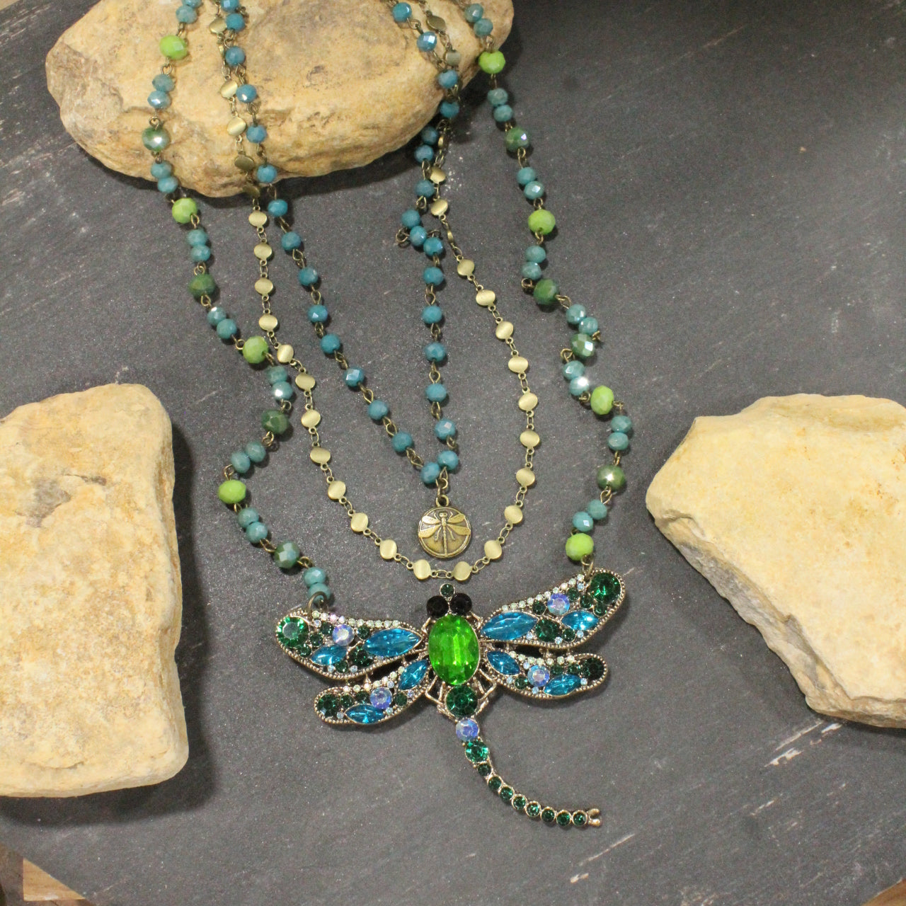 Gliding Teal & Green Dragonfly Layered Necklace