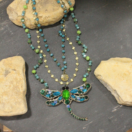 Gliding Teal & Green Dragonfly Layered Necklace
