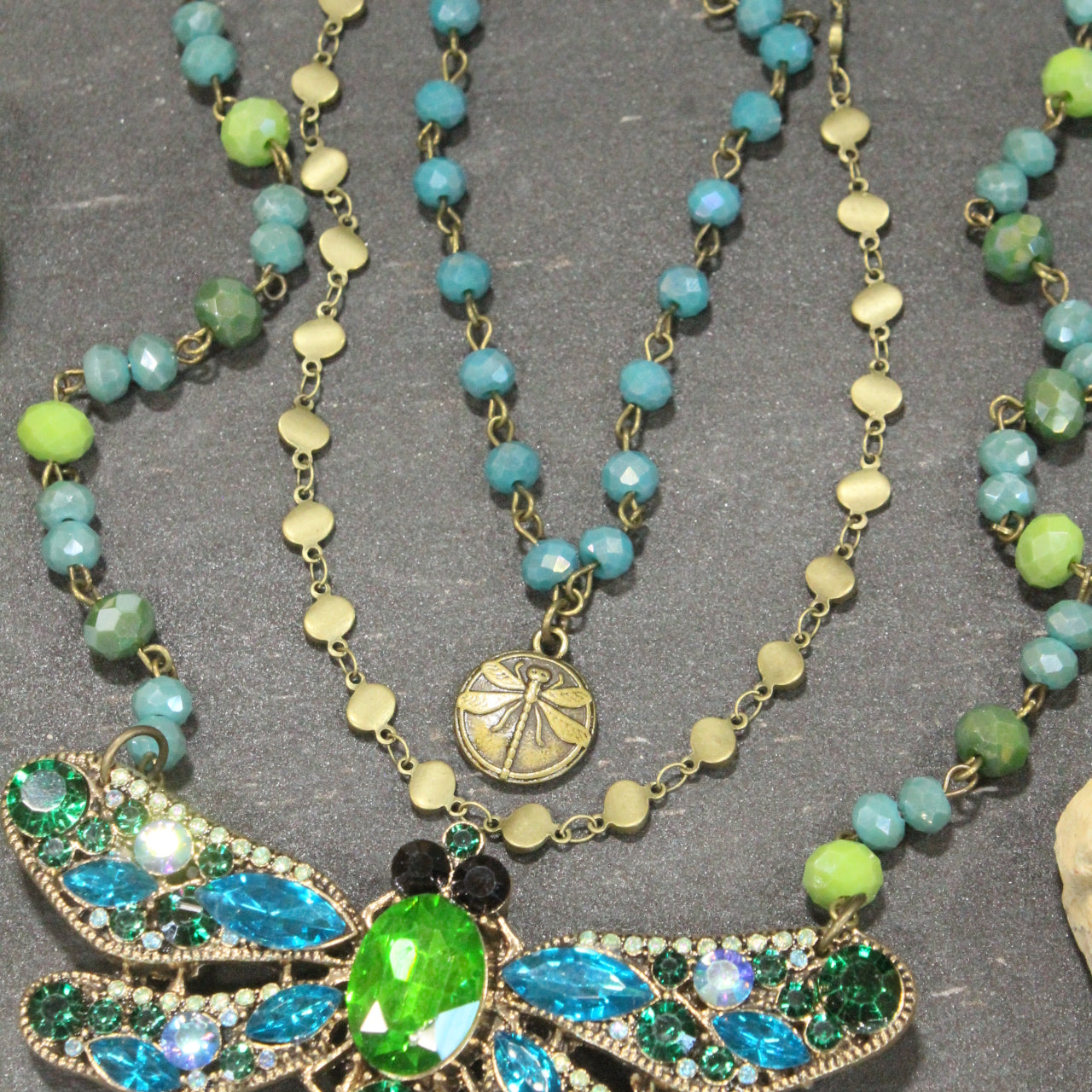 Gliding Teal & Green Dragonfly Layered Necklace