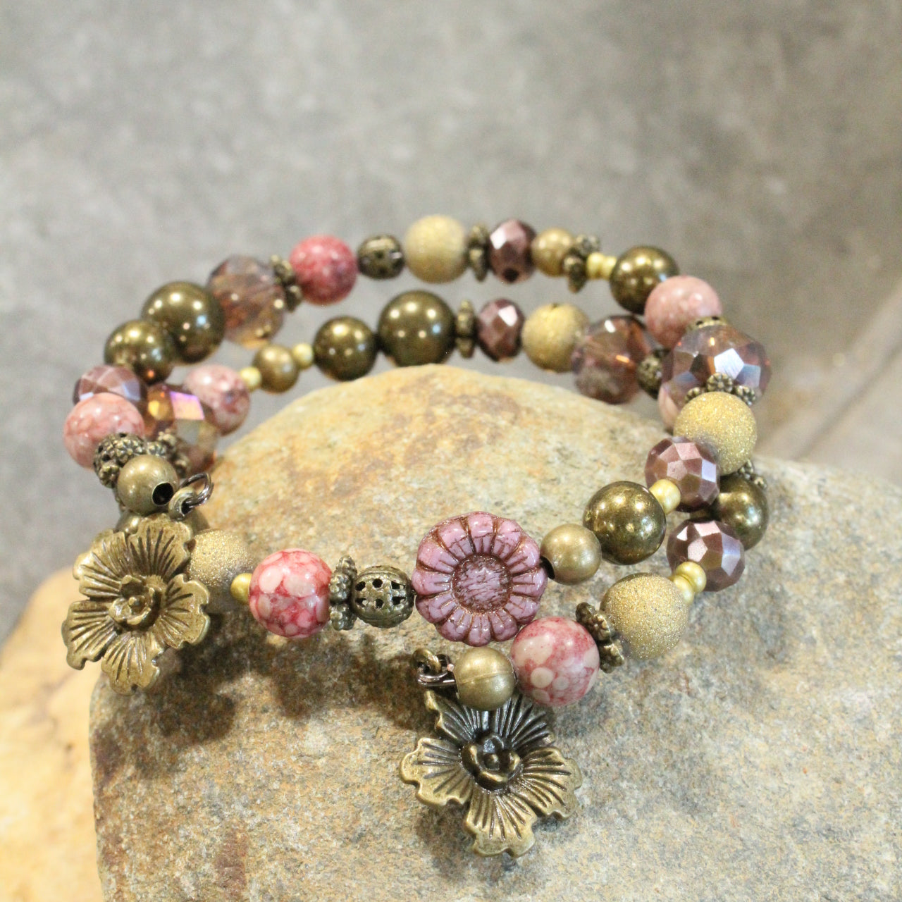 Czech Glass Mauve & Bronze Flowers Wrap Bracelet