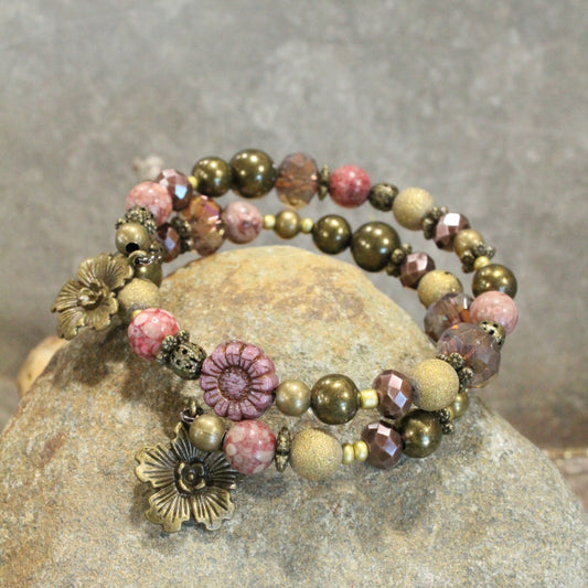 Czech Glass Mauve & Bronze Flowers Wrap Bracelet