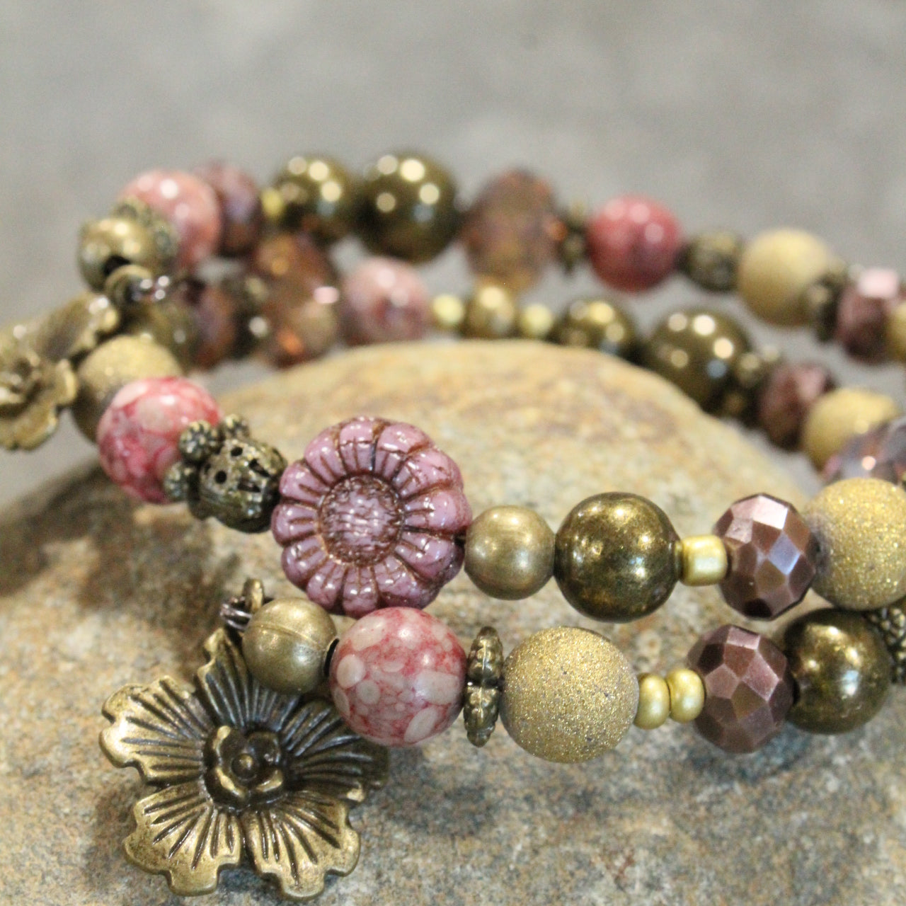 Czech Glass Mauve & Bronze Flowers Wrap Bracelet