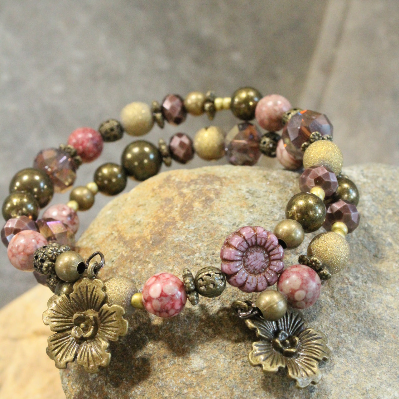 Czech Glass Mauve & Bronze Flowers Wrap Bracelet