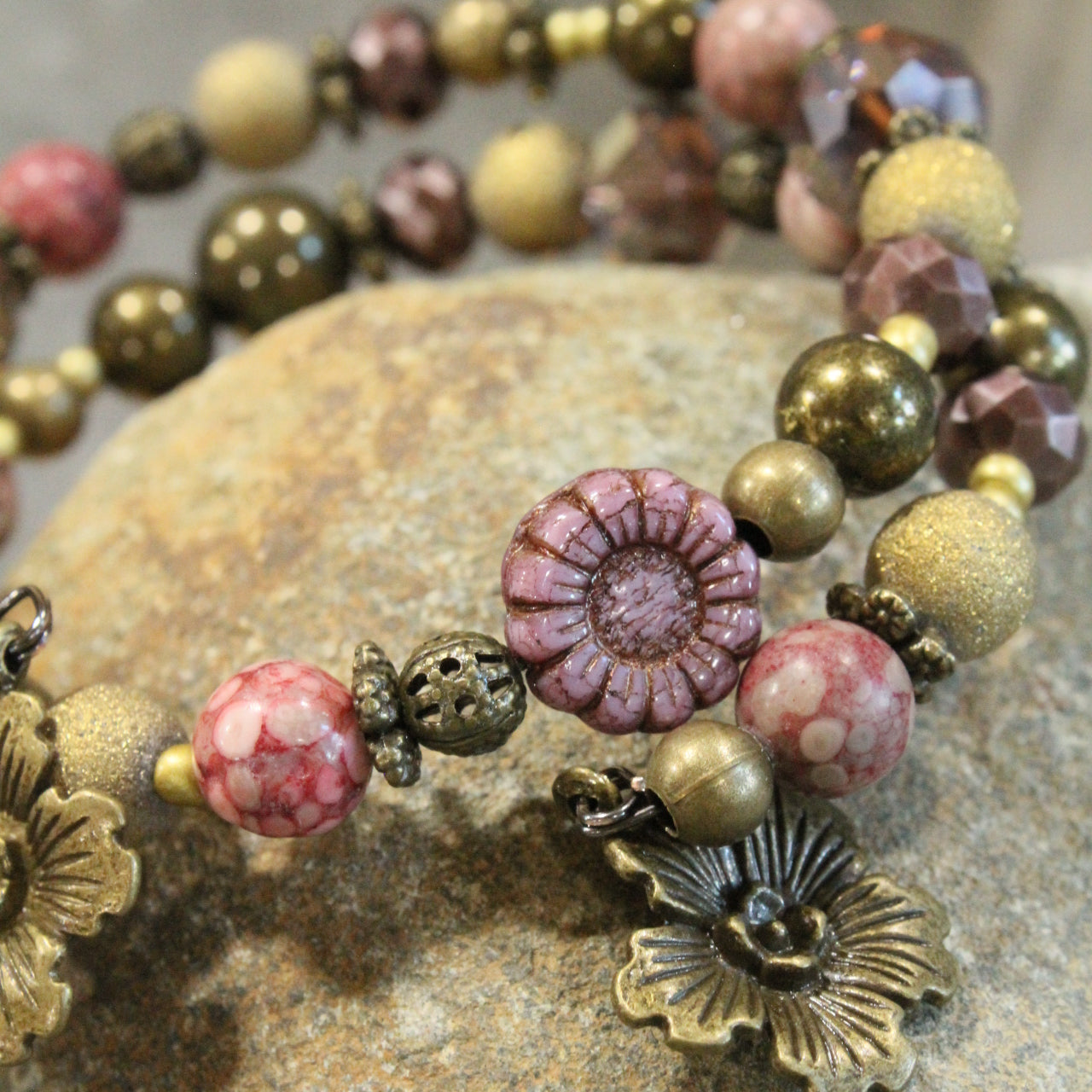 Czech Glass Mauve & Bronze Flowers Wrap Bracelet