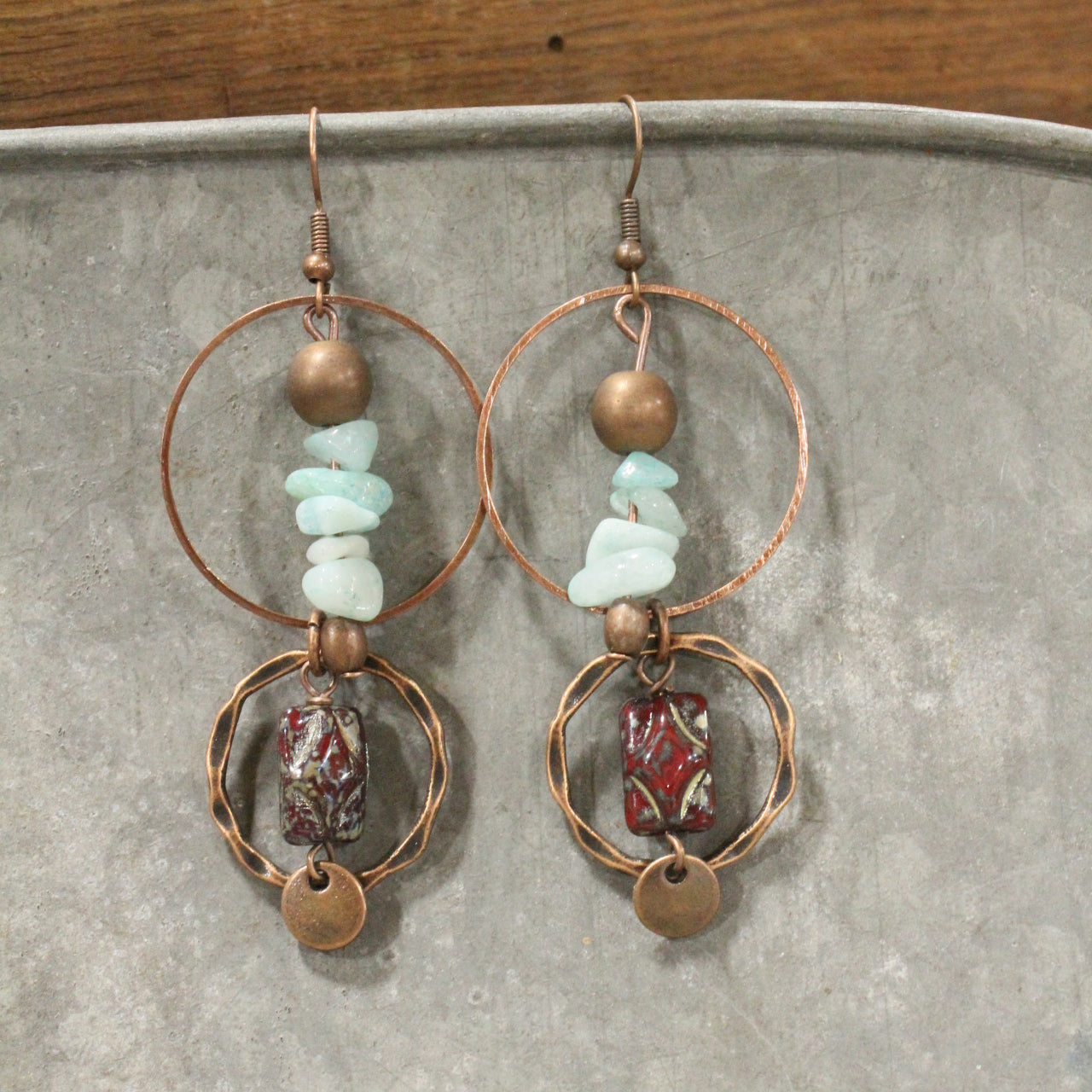 Copper Drop Tribal Pattern Czech Earrings