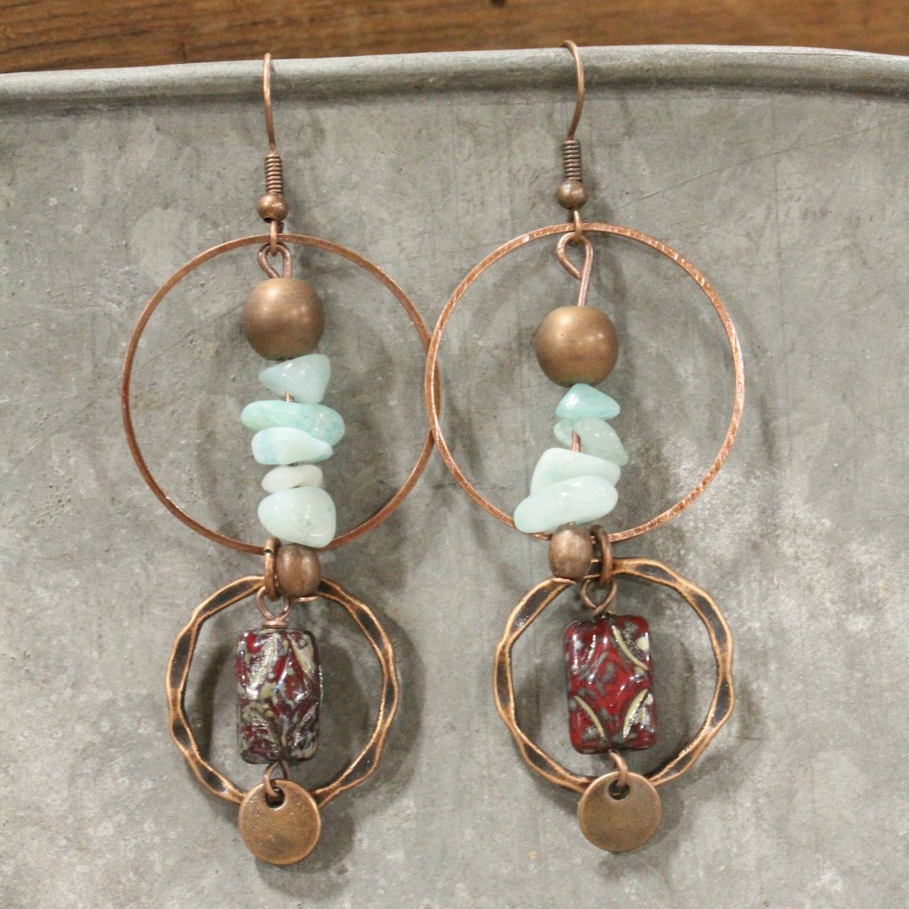 Copper Drop Tribal Pattern Czech Earrings