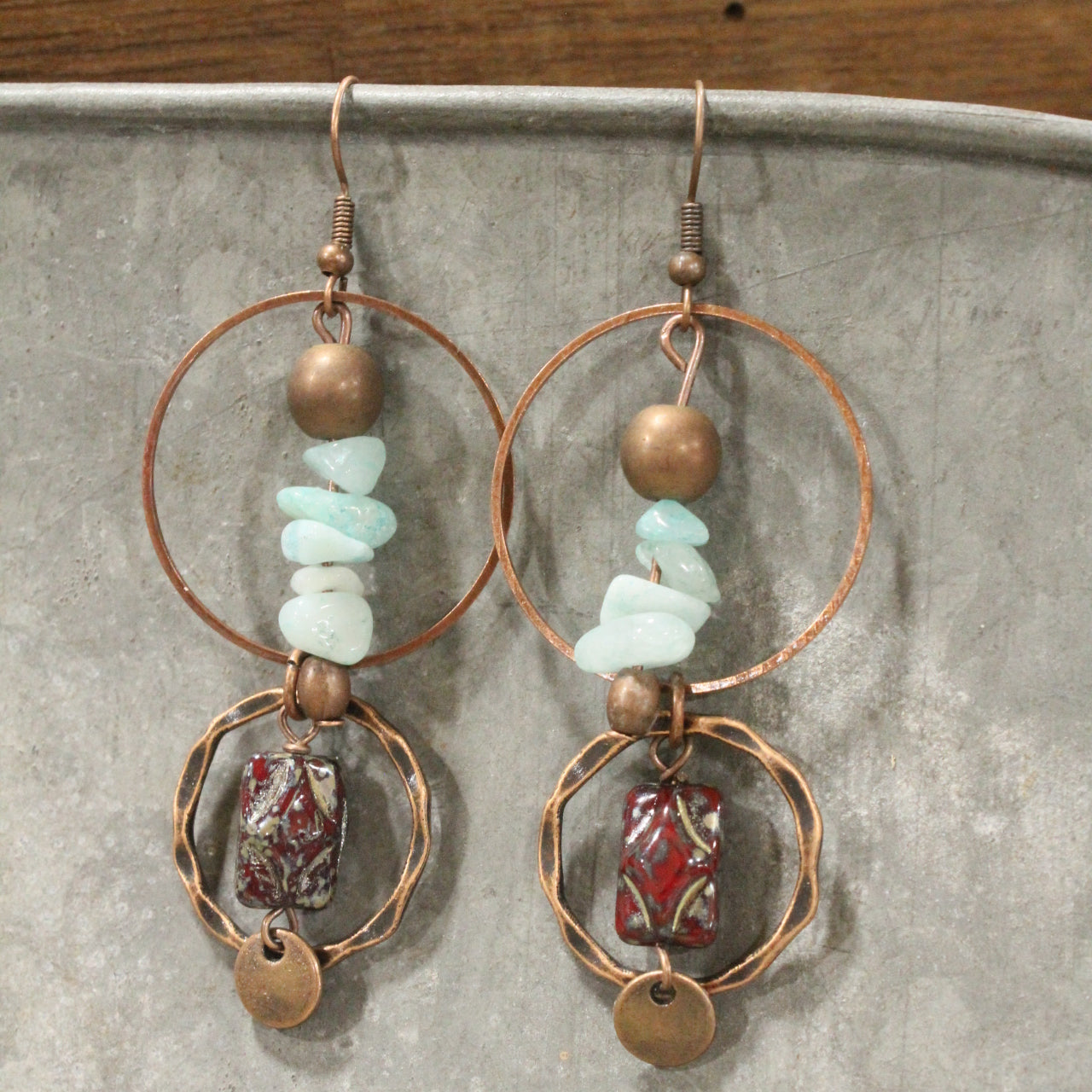 Copper Drop Tribal Pattern Czech Earrings