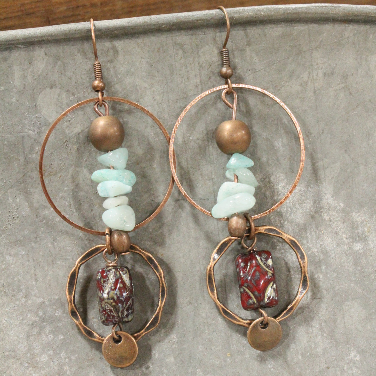 Copper Drop Tribal Pattern Czech Earrings