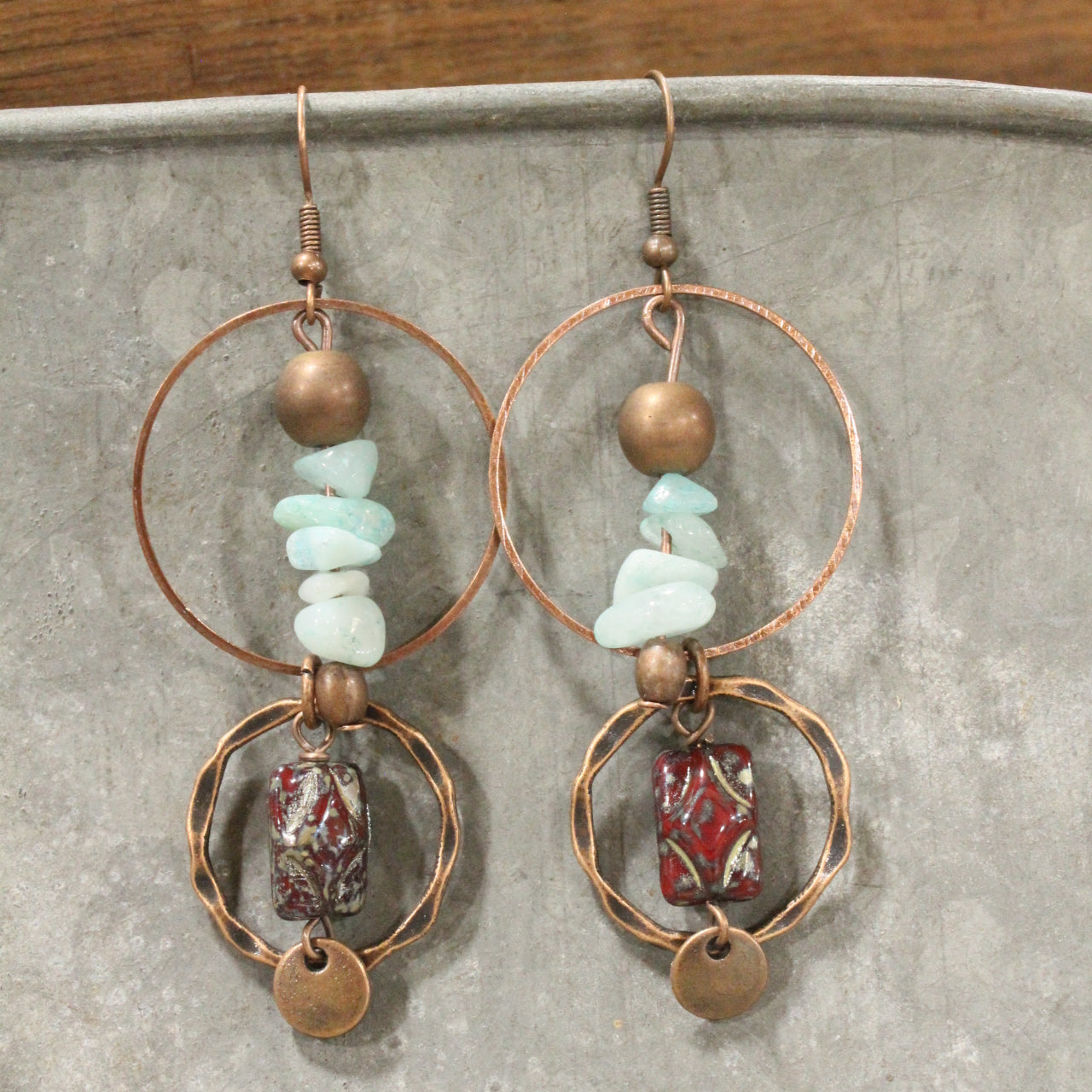 Copper Drop Tribal Pattern Czech Earrings