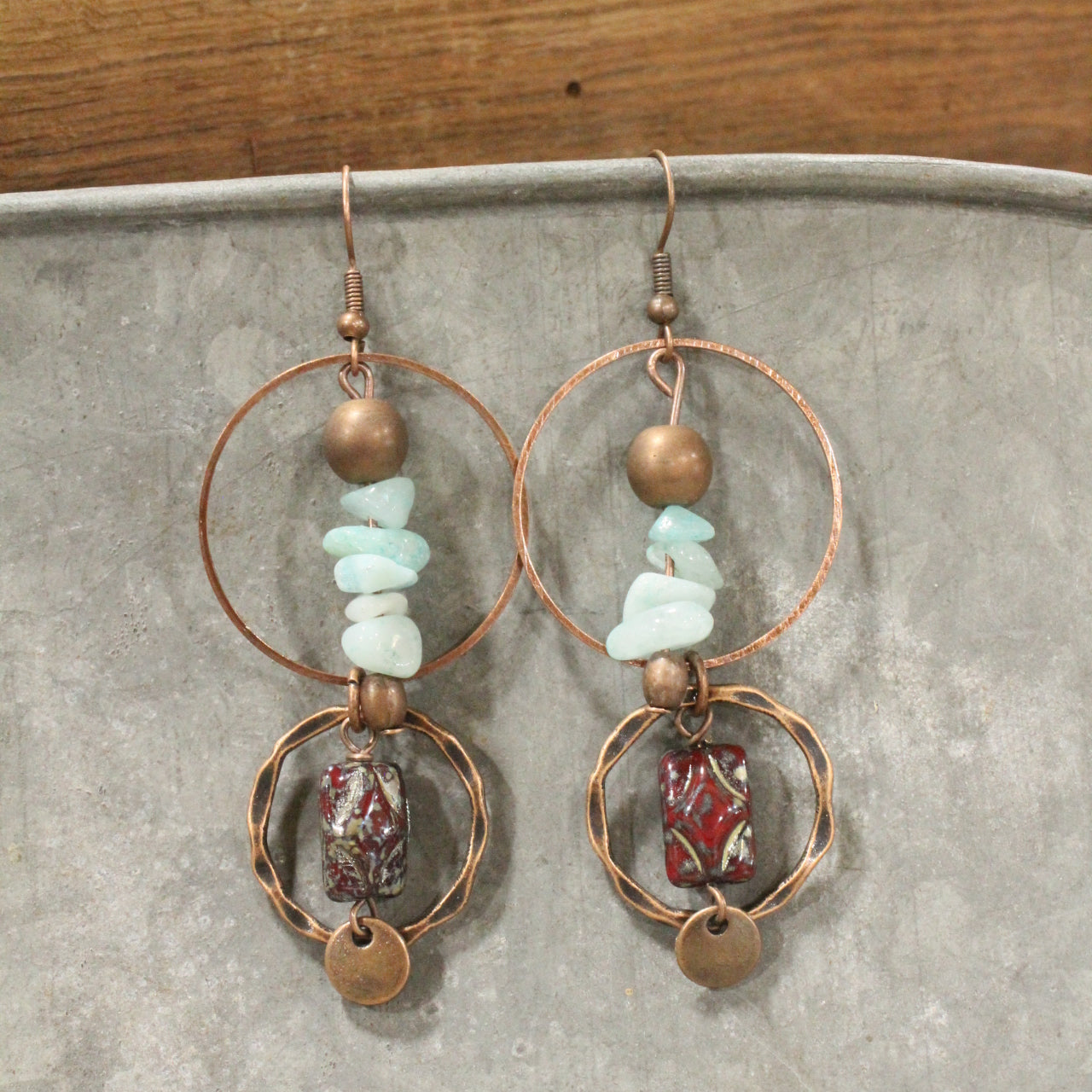 Copper Drop Tribal Pattern Czech Earrings