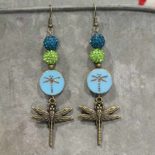 Gliding Teal & Green Dragonfly Dangle Earrings