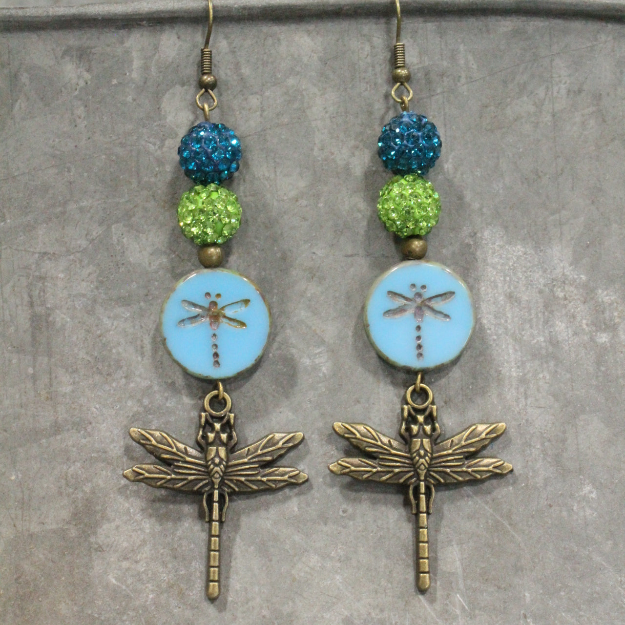 Gliding Teal & Green Dragonfly Dangle Earrings