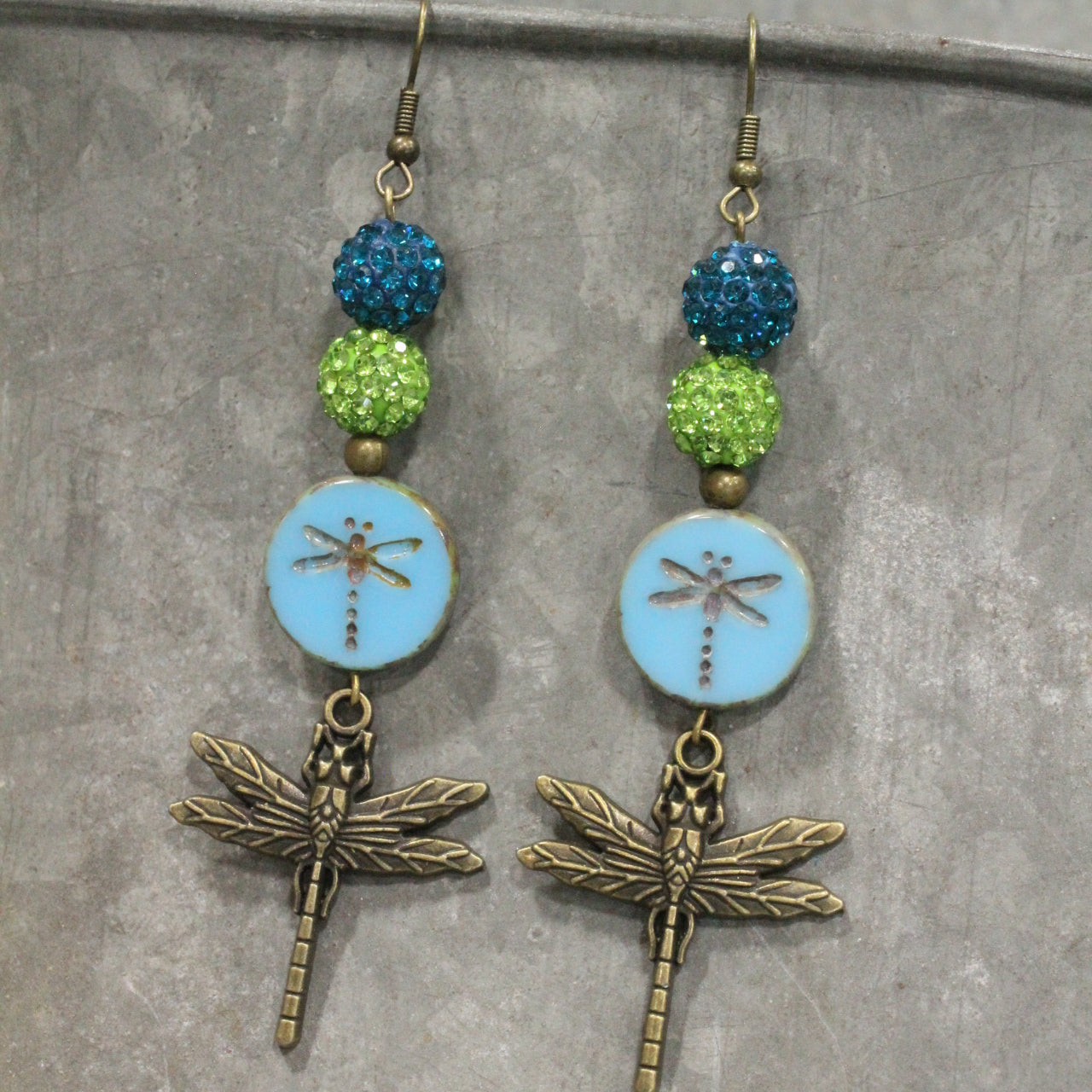 Gliding Teal & Green Dragonfly Dangle Earrings
