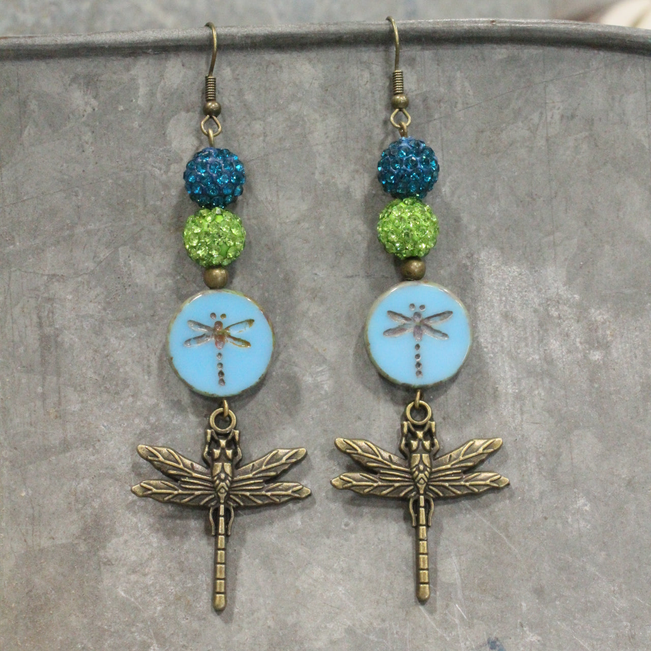 Gliding Teal & Green Dragonfly Dangle Earrings