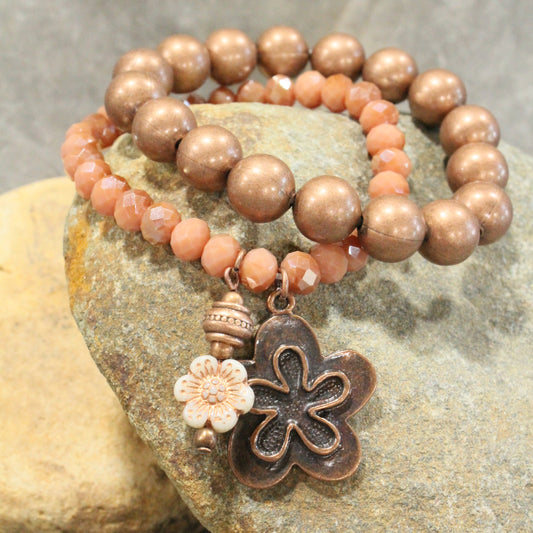 Vintage Copper Flower Czech Bracelet Set